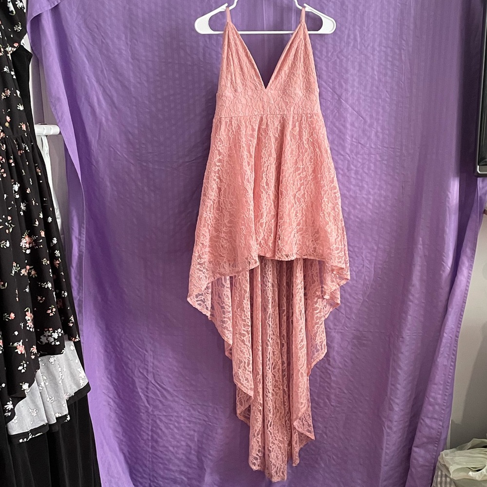 A’gaci pink lace dress size medium short in the front long in the back.